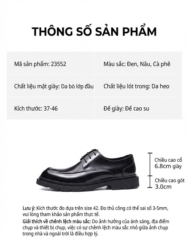 Giày Tây Buộc Dây Nam Da Bóng Chiều Cao Đế Khoảng 4cm Màu Đen, Nâu, Vàng chi tiết 2