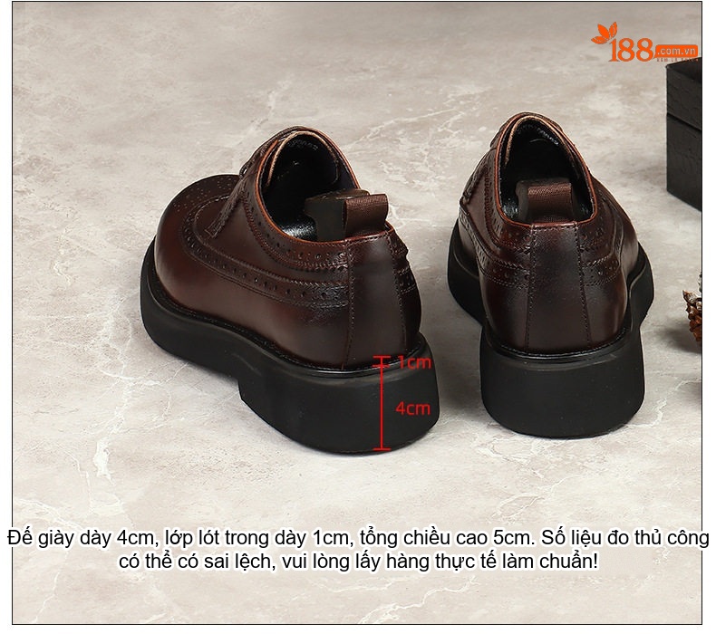 Giày Tây Buộc Dây Nam Da Bóng Chiều Cao Đế Khoảng 4cm Màu Nâu, Đen chi tiết 4