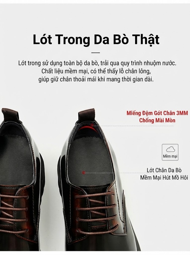 Giày Tây Buộc Dây Nam Da Bóng Chiều Cao Đế Khoảng 4cm Phong Cách Anh Quốc Màu Đen chi tiết 8