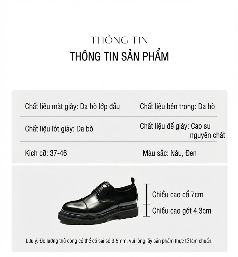 Giày Tây Buộc Dây Nam Da Bóng Chiều Cao Đế Khoảng 4cm Phong Cách Anh Quốc Màu Đen chi tiết 10