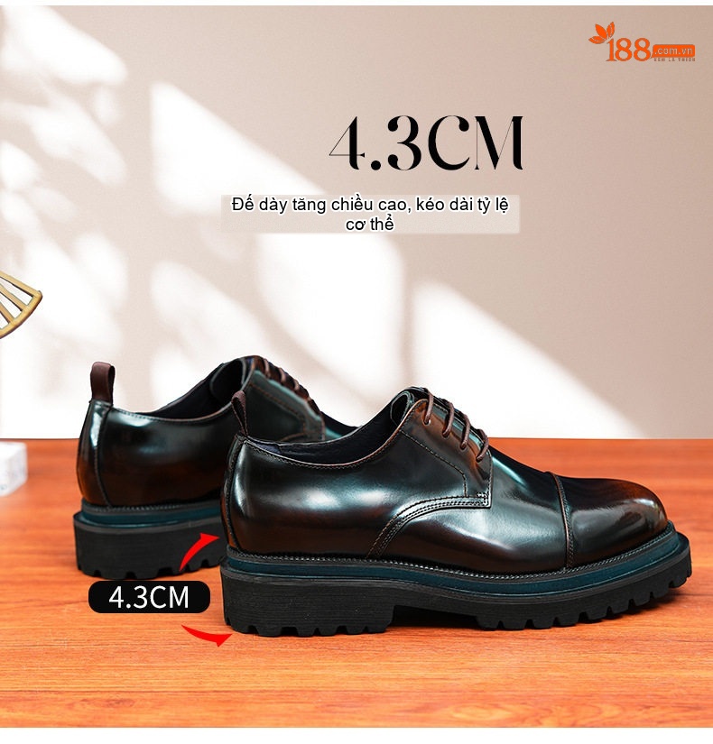 Giày Tây Buộc Dây Nam Da Bóng Chiều Cao Đế Khoảng 4cm Phong Cách Anh Quốc Màu Đen chi tiết 2