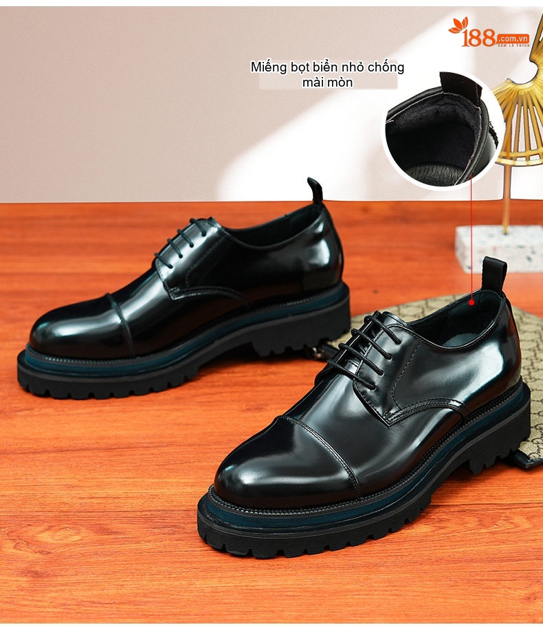 Giày Tây Buộc Dây Nam Da Bóng Chiều Cao Đế Khoảng 4cm Phong Cách Anh Quốc Màu Đen chi tiết 4