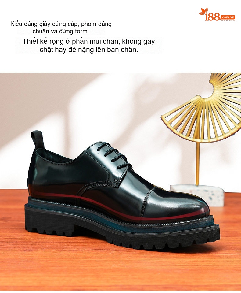 Giày Tây Buộc Dây Nam Da Bóng Chiều Cao Đế Khoảng 4cm Phong Cách Anh Quốc Màu Đen chi tiết 5