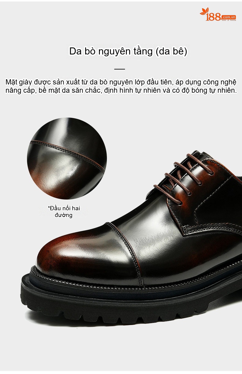 Giày Tây Buộc Dây Nam Da Bóng Chiều Cao Đế Khoảng 4cm Phong Cách Anh Quốc Màu Đen chi tiết 7