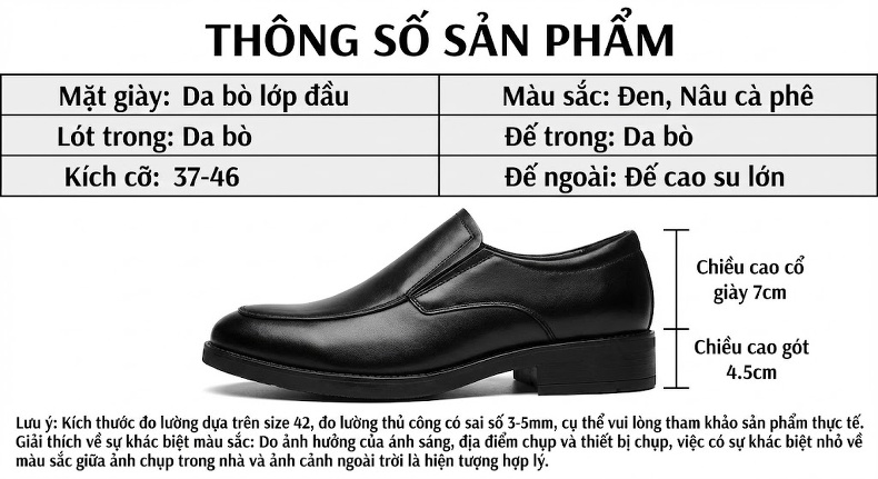 Giày Tây Buộc Dây Nam Da Bóng Chiều Cao Đế Khoảng 5cm Màu Đen, Nâu chi tiết 2