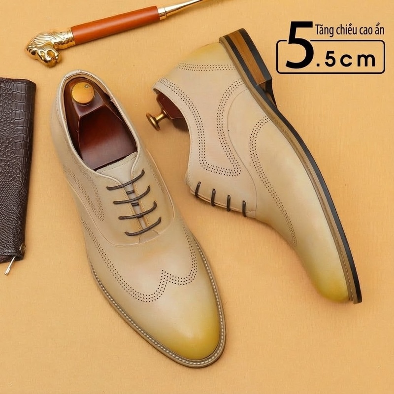 Giày Tây Buộc Dây Nam Da Bóng Chiều Cao Đế 5.5cm Phong Cách Anh Quốc Màu Be