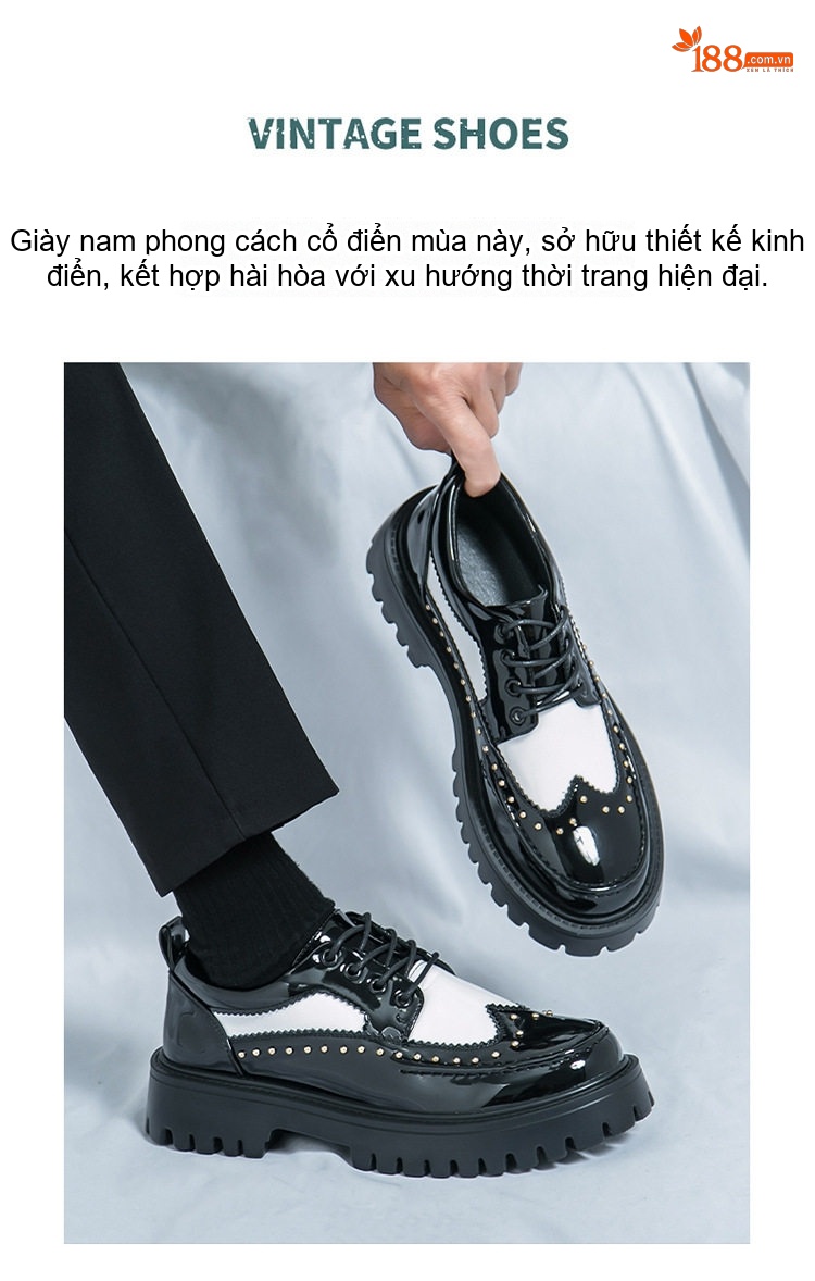 Giày Tây Buộc Dây Nam Da Bóng Đính Đinh Chiều Cao Đế Khoảng 5cm Màu Đen, Trắng chi tiết 13