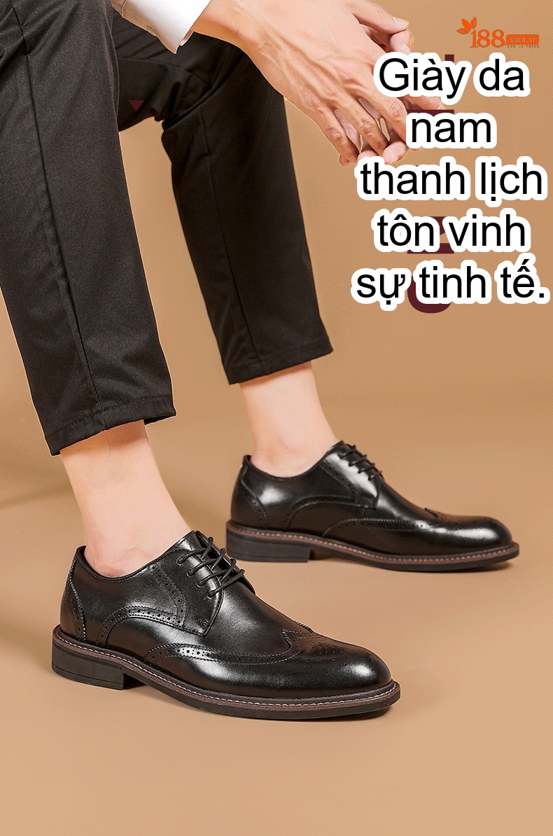 Giày Tây Buộc Dây Nam Da Bóng Kiểu Anh Chiều Cao Đế Khoảng 3cm Màu Nâu chi tiết 11