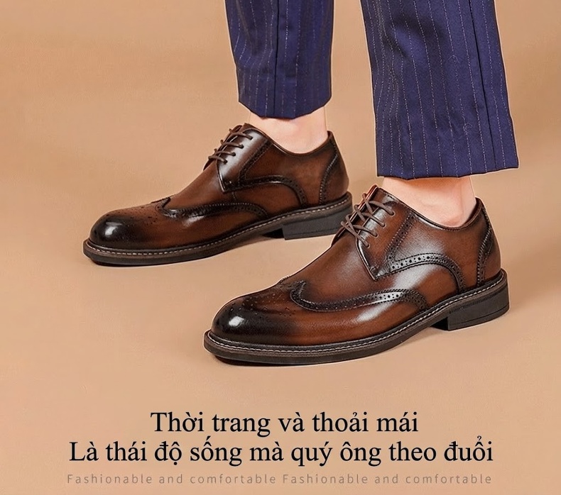 Giày Tây Buộc Dây Nam Da Bóng Kiểu Anh Chiều Cao Đế Khoảng 3cm Màu Nâu chi tiết 2