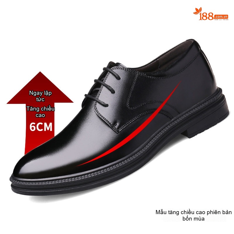 Giày Tây Buộc Dây Nam Da Bóng Lót Lông Chiều Cao Đế 6cm Màu Đen