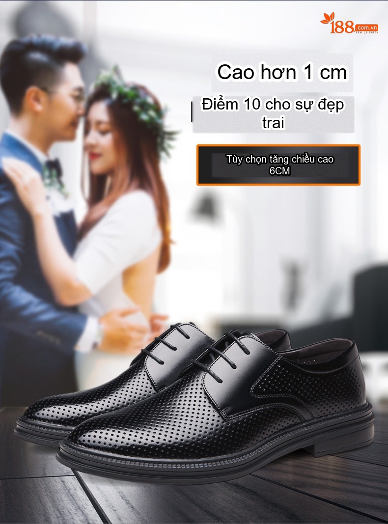 Giày Tây Buộc Dây Nam Da Bóng Lót Lông Chiều Cao Đế 6cm Màu Đen chi tiết 4