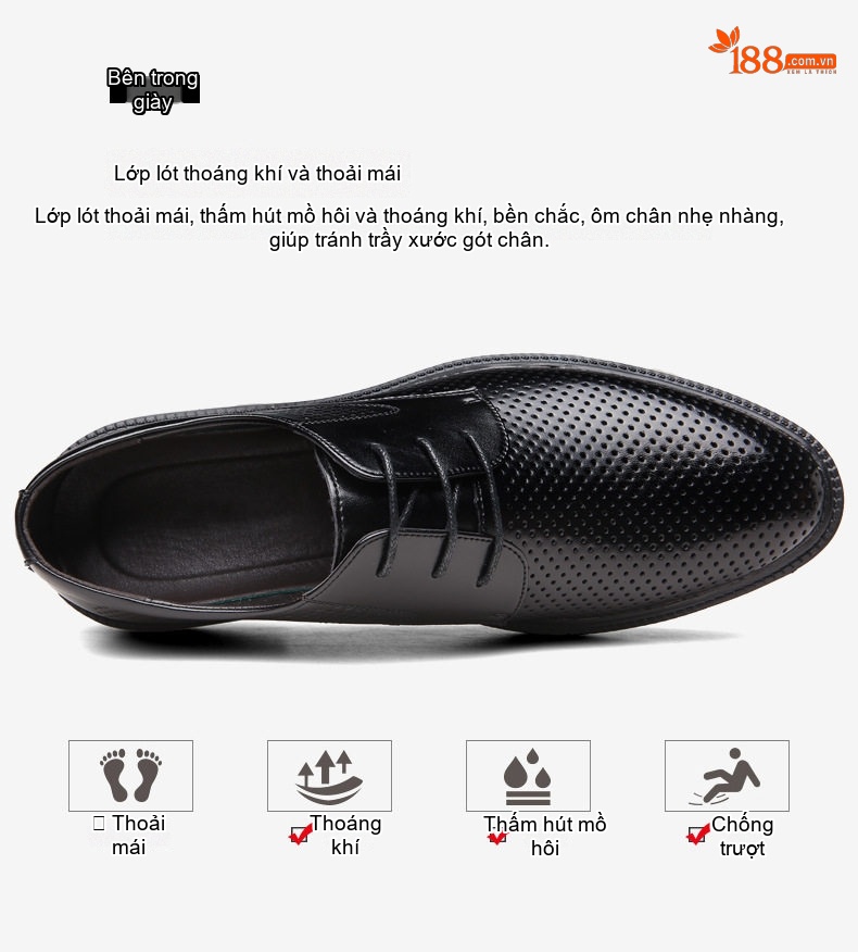 Giày Tây Buộc Dây Nam Da Bóng Lót Lông Chiều Cao Đế 6cm Màu Đen chi tiết 9