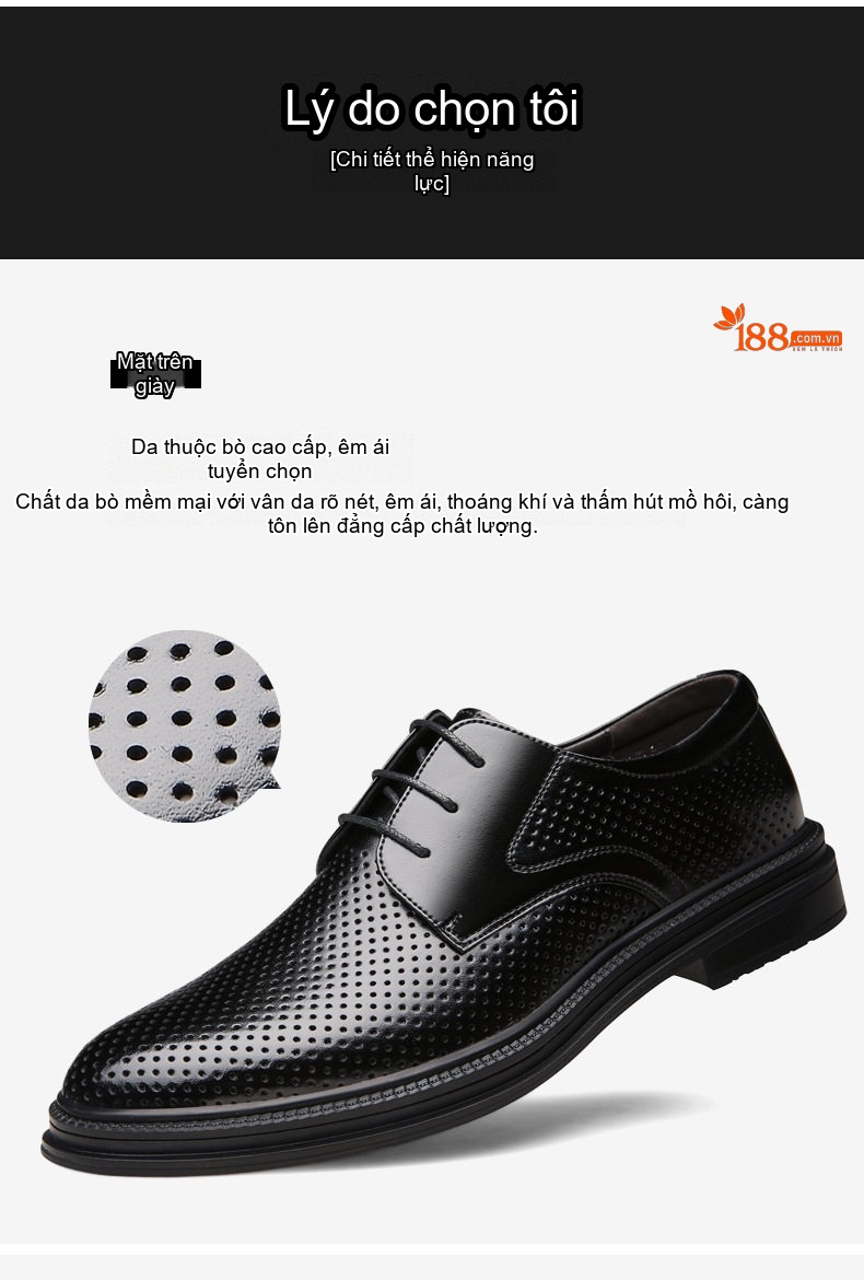 Giày Tây Buộc Dây Nam Da Bóng Lót Lông Chiều Cao Đế 6cm Màu Đen chi tiết 8