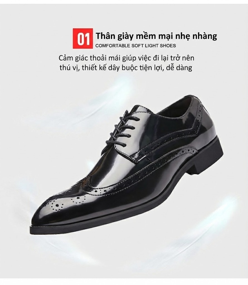 Giày Tây Buộc Dây Nam Da Bóng Mũi Nhọn Brogue Chiều Cao Đế Khoảng 3cm Màu Đen, Nâu chi tiết 6