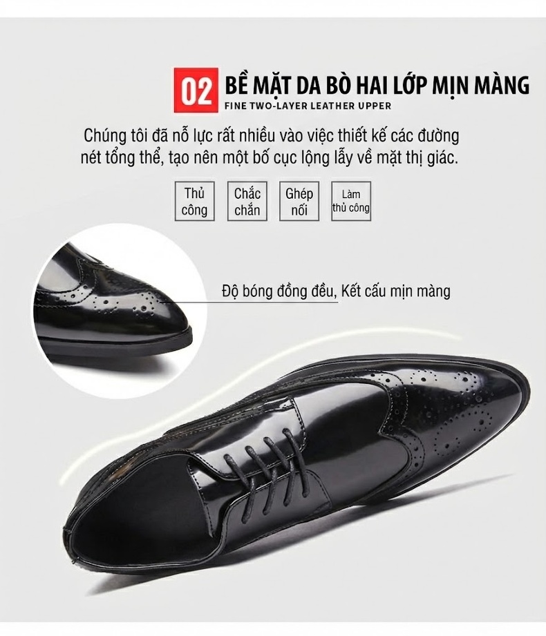 Giày Tây Buộc Dây Nam Da Bóng Mũi Nhọn Brogue Chiều Cao Đế Khoảng 3cm Màu Đen, Nâu chi tiết 7