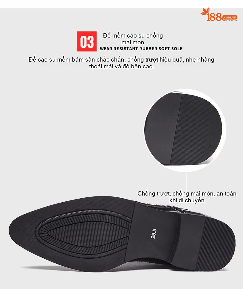 Giày Tây Buộc Dây Nam Da Bóng Mũi Nhọn Brogue Chiều Cao Đế Khoảng 3cm Màu Đen, Nâu chi tiết 8