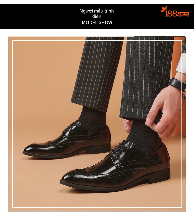 Giày Tây Buộc Dây Nam Da Bóng Mũi Nhọn Brogue Chiều Cao Đế Khoảng 3cm Màu Đen, Nâu chi tiết 9