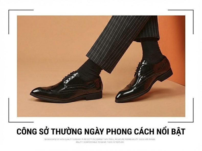 Giày Tây Buộc Dây Nam Da Bóng Mũi Nhọn Brogue Chiều Cao Đế Khoảng 3cm Màu Đen, Nâu chi tiết 10
