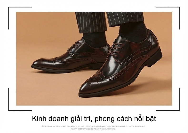 Giày Tây Buộc Dây Nam Da Bóng Mũi Nhọn Brogue Chiều Cao Đế Khoảng 3cm Màu Đen, Nâu chi tiết 12