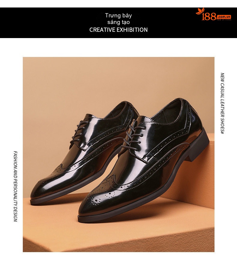 Giày Tây Buộc Dây Nam Da Bóng Mũi Nhọn Brogue Chiều Cao Đế Khoảng 3cm Màu Đen, Nâu chi tiết 13
