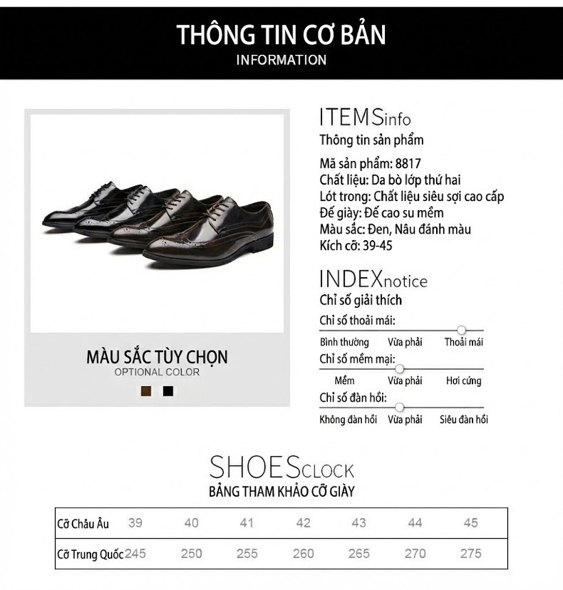 Giày Tây Buộc Dây Nam Da Bóng Mũi Nhọn Brogue Chiều Cao Đế Khoảng 3cm Màu Đen, Nâu chi tiết 21