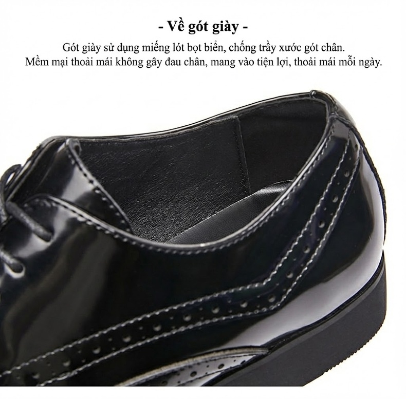 Giày Tây Buộc Dây Nam Da Bóng Mũi Nhọn Brogue Chiều Cao Đế Khoảng 3cm Màu Đen, Nâu chi tiết 5