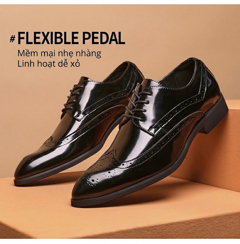 Giày Tây Buộc Dây Nam Da Bóng Mũi Nhọn Brogue Chiều Cao Đế Khoảng 3cm Màu Đen, Nâu chi tiết 2