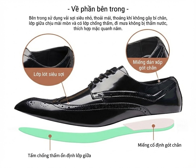 Giày Tây Buộc Dây Nam Da Bóng Mũi Nhọn Brogue Chiều Cao Đế Khoảng 3cm Màu Đen, Nâu chi tiết 4