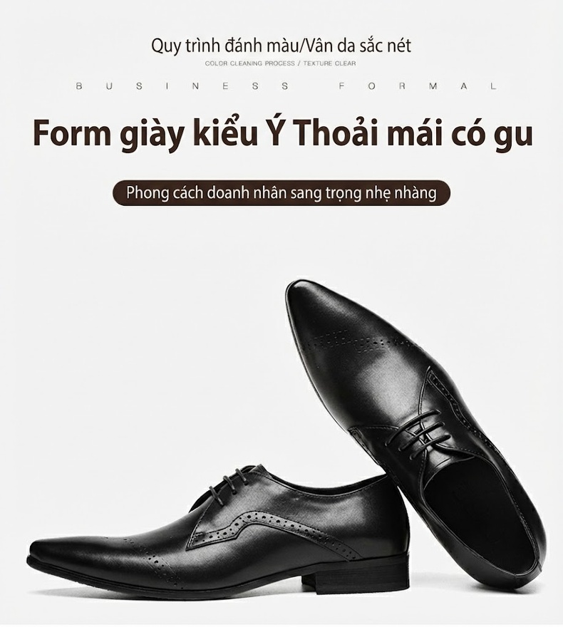 Giày Tây Buộc Dây Nam Da Bóng Mũi Nhọn Chiều Cao Đế Khoảng 3cm Màu Đen, Nâu chi tiết 1