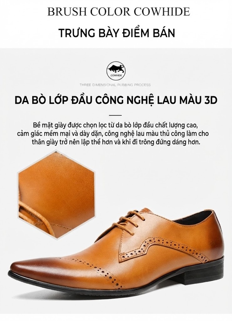 Giày Tây Buộc Dây Nam Da Bóng Mũi Nhọn Chiều Cao Đế Khoảng 3cm Màu Đen, Nâu chi tiết 2