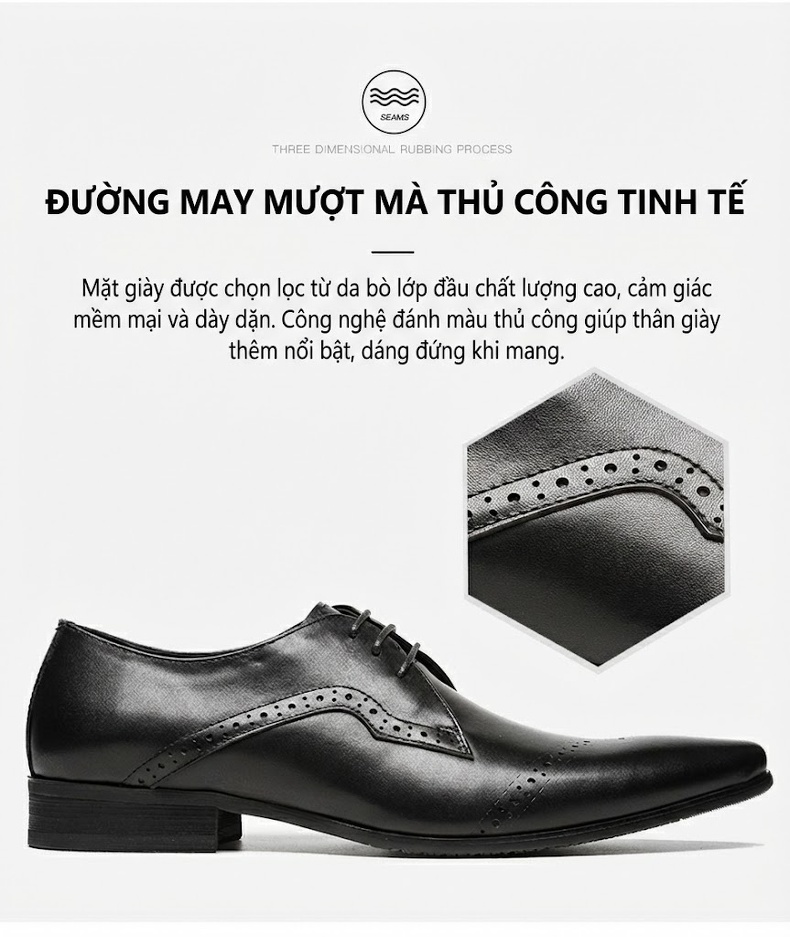 Giày Tây Buộc Dây Nam Da Bóng Mũi Nhọn Chiều Cao Đế Khoảng 3cm Màu Đen, Nâu chi tiết 3