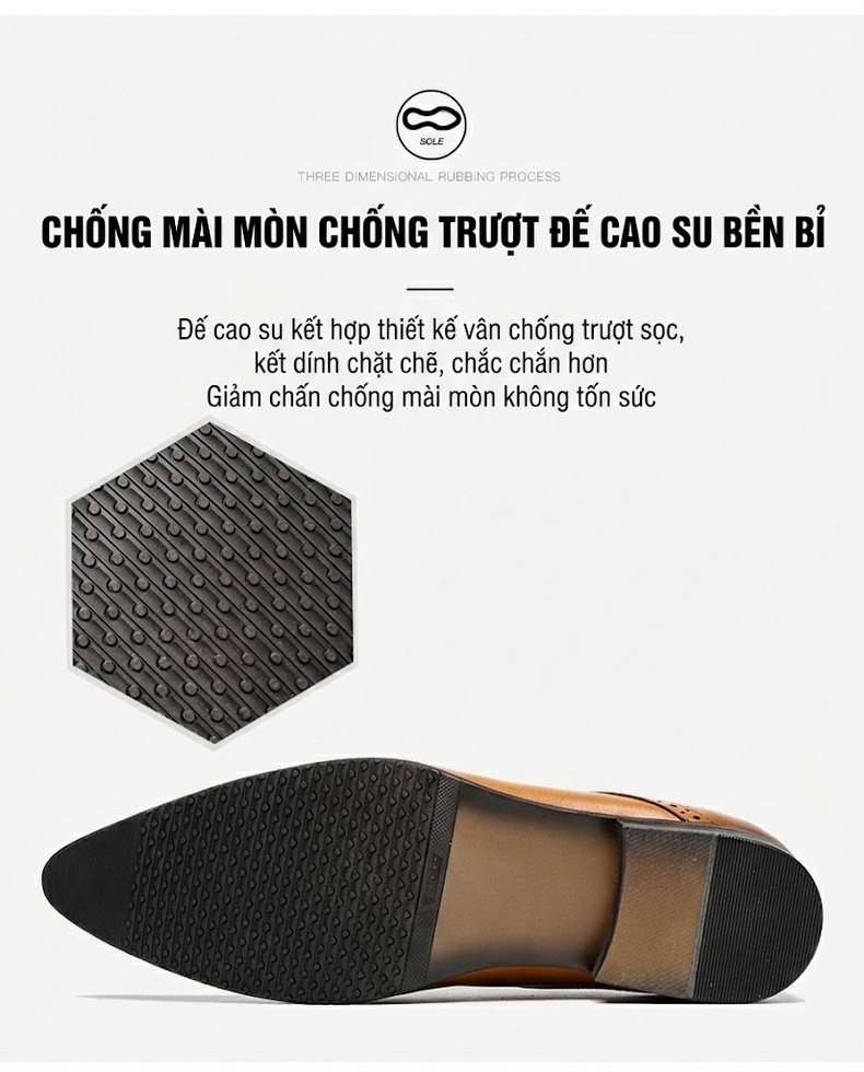 Giày Tây Buộc Dây Nam Da Bóng Mũi Nhọn Chiều Cao Đế Khoảng 3cm Màu Đen, Nâu chi tiết 4