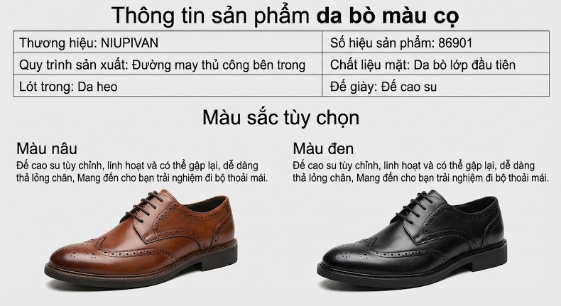 Giày Tây Buộc Dây Nam Da Bóng Mũi Nhọn Chiều Cao Đế Khoảng 3cm Màu Đen, Nâu chi tiết 11