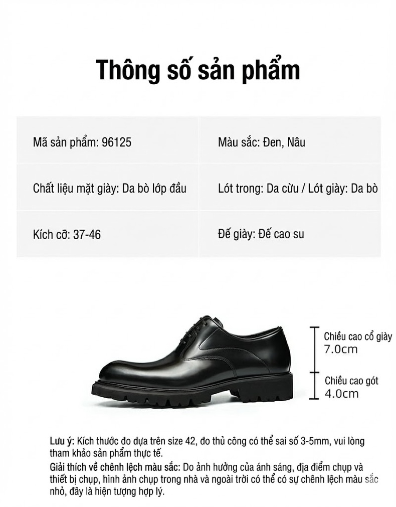 Giày Tây Buộc Dây Nam Da Bóng Mũi Nhọn Chiều Cao Đế Khoảng 4cm Màu Đen chi tiết 2