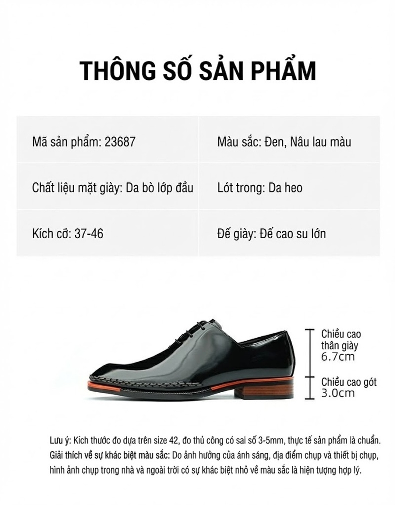 Giày Tây Buộc Dây Nam Da Bóng Mũi Vuông Chiều Cao Đế Khoảng 3cm Màu Đen, Nâu chi tiết 2