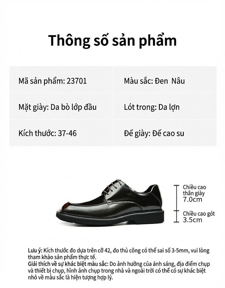 Giày Tây Buộc Dây Nam Da Bóng Mũi Vuông Chiều Cao Đế Khoảng 4cm Màu Đen chi tiết 2