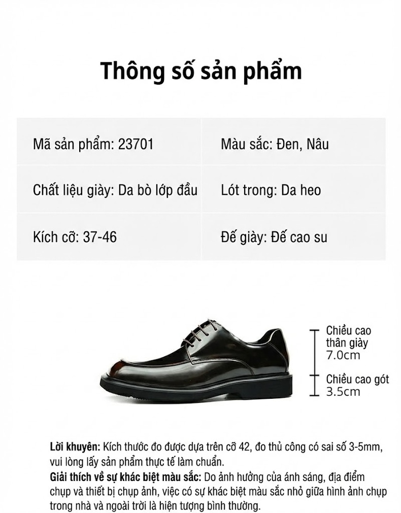 Giày Tây Buộc Dây Nam Da Bóng Mũi Vuông Chiều Cao Đế Khoảng 4cm Màu Đen, Nâu chi tiết 2