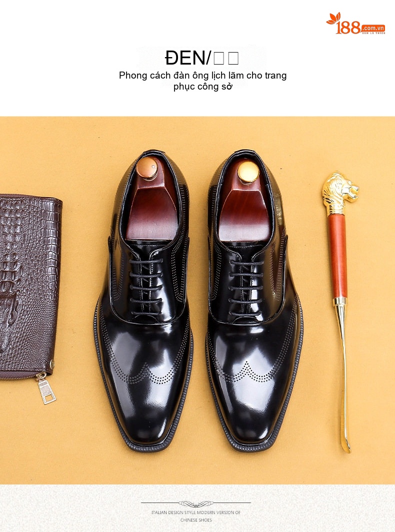 Giày Tây Buộc Dây Nam Da Bóng Oxford Chiều Cao Đế Khoảng 3cm Màu Đen, Đỏ Rượu Vang chi tiết 10