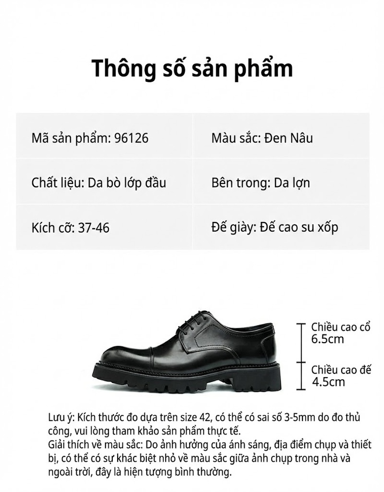 Giày Tây Buộc Dây Nam Da Bóng Phong Cách Anh Quốc Chiều Cao Đế Khoảng 4cm Màu Đen, Nâu chi tiết 2