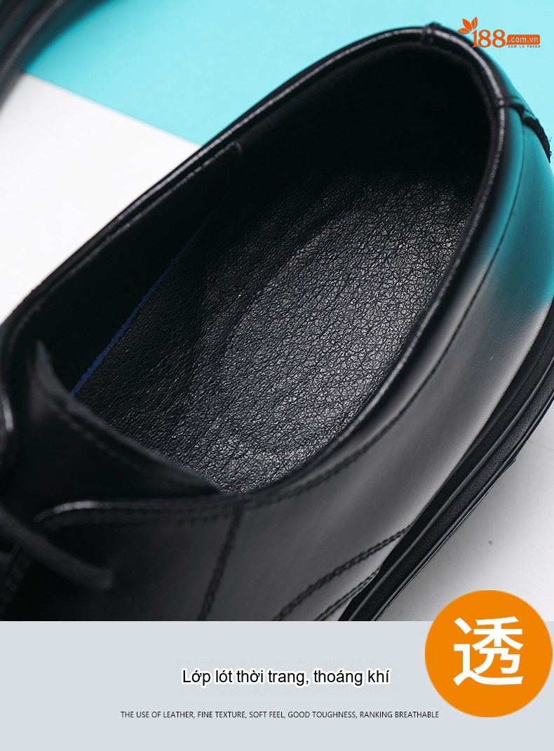 Giày Tây Buộc Dây Nam Da Bóng Tăng Chiều Cao 6cm Phong Cách Anh Quốc Màu Đen chi tiết 14