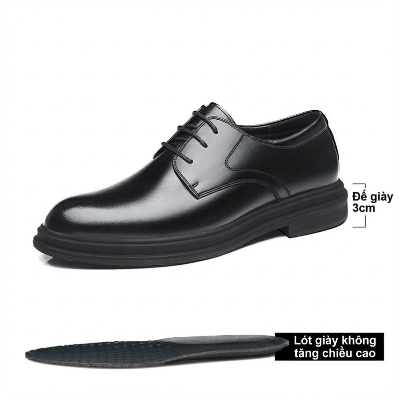 Giày Tây Buộc Dây Nam Da Bóng Tăng Chiều Cao 6cm Phong Cách Anh Quốc Màu Đen