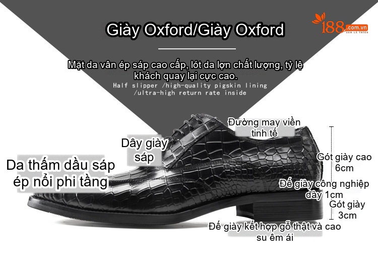 Giày Tây Buộc Dây Nam Da Bóng Vân Cá Sấu Chiều Cao Đế Khoảng 3cm Màu Đen, Đỏ Rượu chi tiết 2