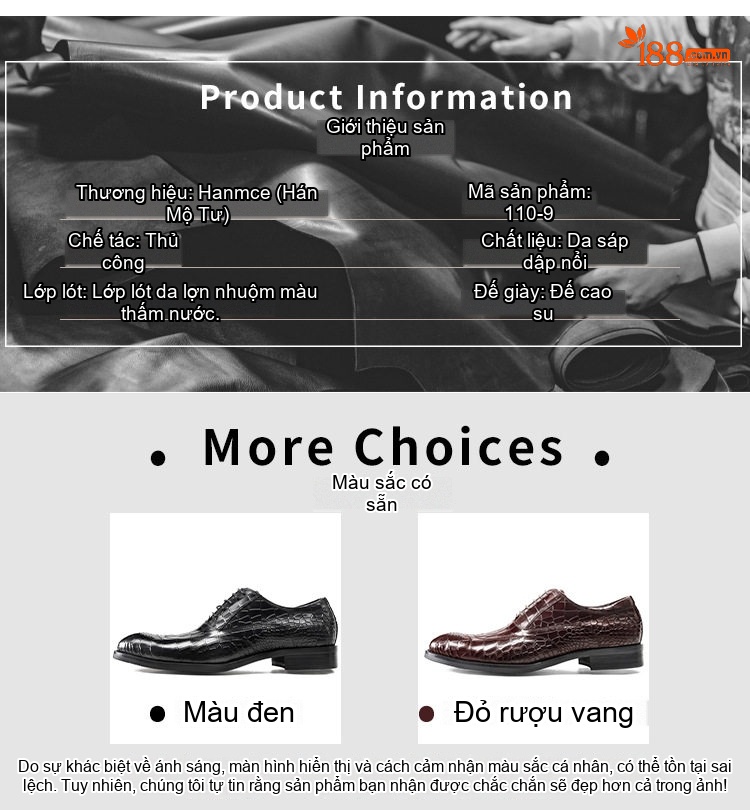 Giày Tây Buộc Dây Nam Da Bóng Vân Cá Sấu Chiều Cao Đế Khoảng 3cm Màu Đen, Đỏ Rượu chi tiết 4