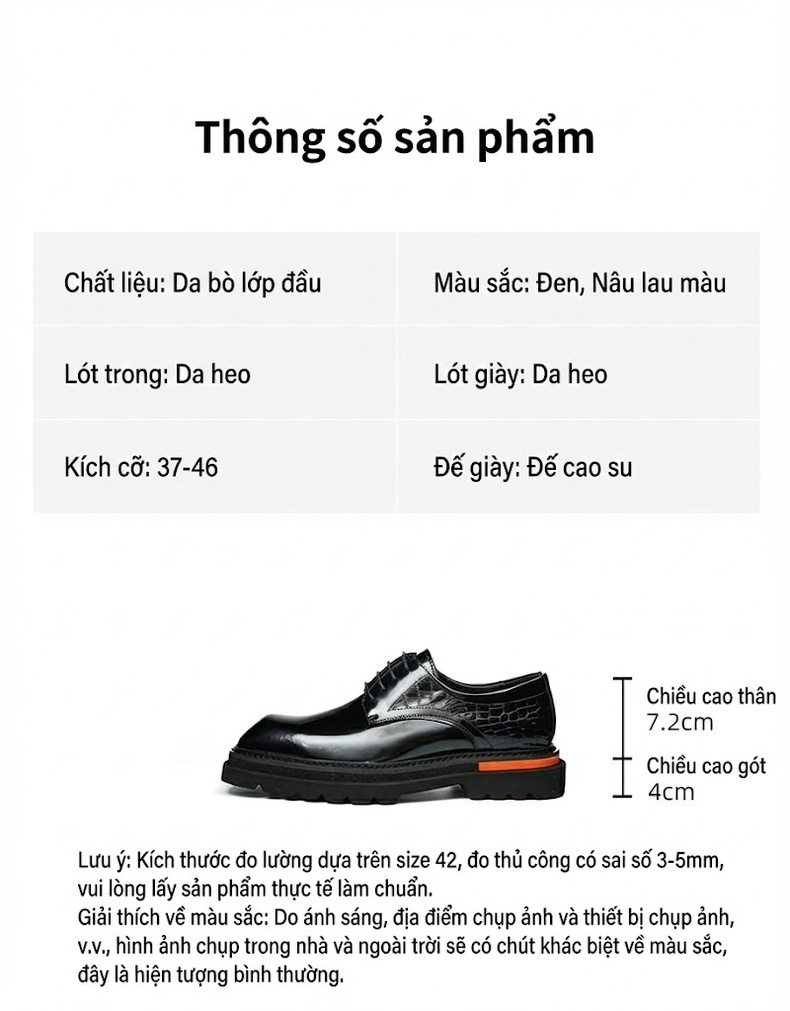 Giày Tây Buộc Dây Nam Da Bóng Vân Cá Sấu Chiều Cao Đế Khoảng 4cm Màu Đen chi tiết 2
