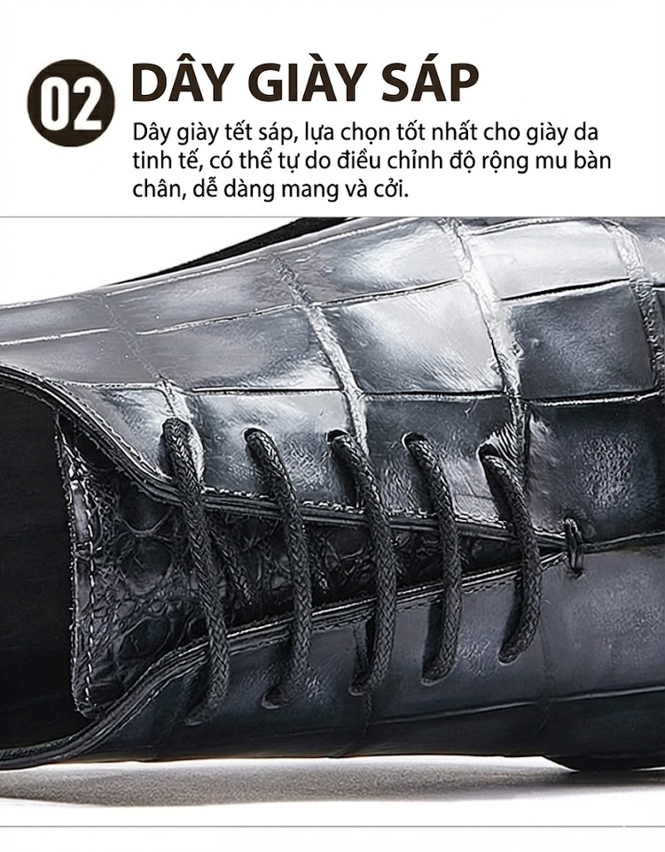 Giày Tây Buộc Dây Nam Da Cá Sấu Chiều Cao Đế Khoảng 3cm Màu Đen chi tiết 7