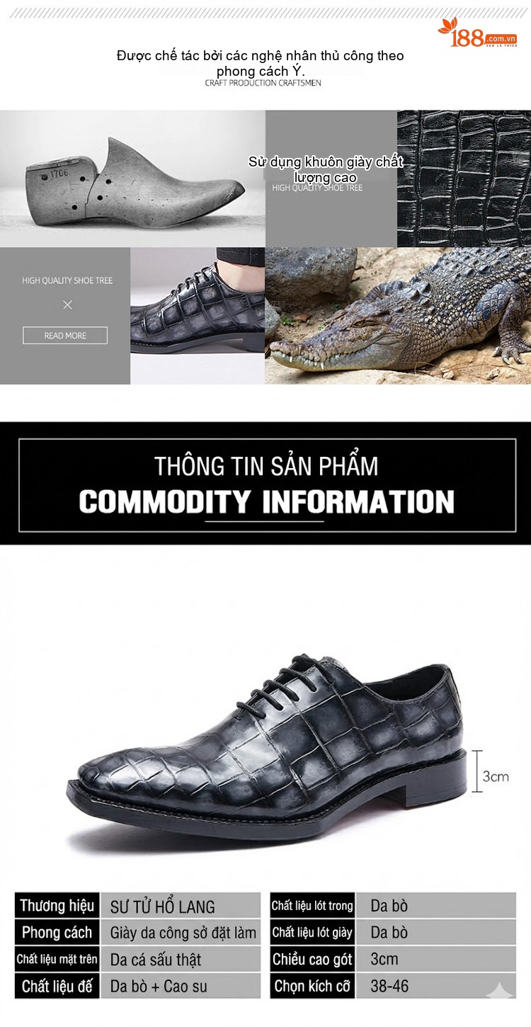 Giày Tây Buộc Dây Nam Da Cá Sấu Chiều Cao Đế Khoảng 3cm Màu Đen chi tiết 3