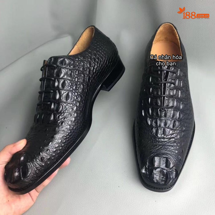 Giày Tây Buộc Dây Nam Da Cá Sấu Chiều Cao Đế Khoảng 3cm Màu Đen