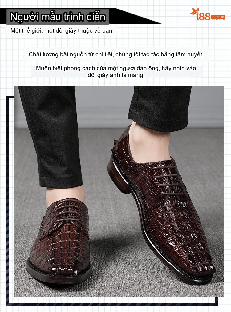 Giày Tây Buộc Dây Nam Da Cá Sấu Chiều Cao Đế Khoảng 3cm Màu Đen, Nâu chi tiết 12