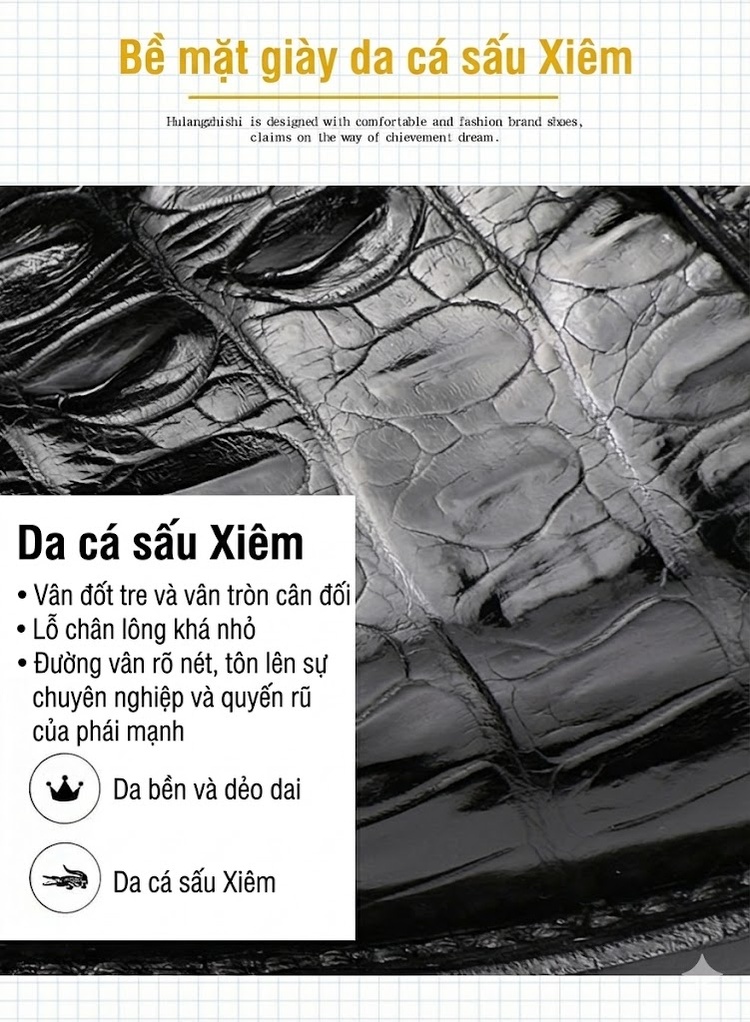 Giày Tây Buộc Dây Nam Da Cá Sấu Chiều Cao Đế Khoảng 3cm Màu Đen, Nâu chi tiết 2