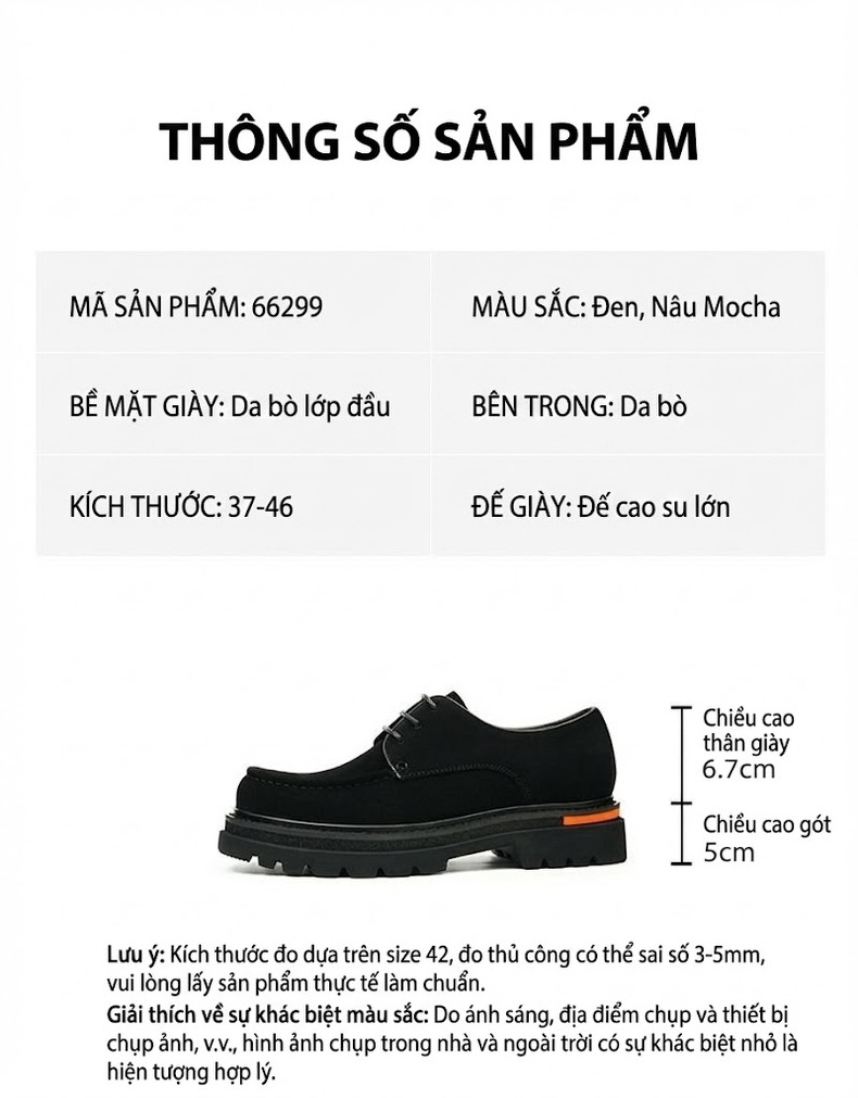 Giày Tây Buộc Dây Nam Da Lộn Chiều Cao Đế Khoảng 4cm Màu Nâu Mocha, Đen chi tiết 2